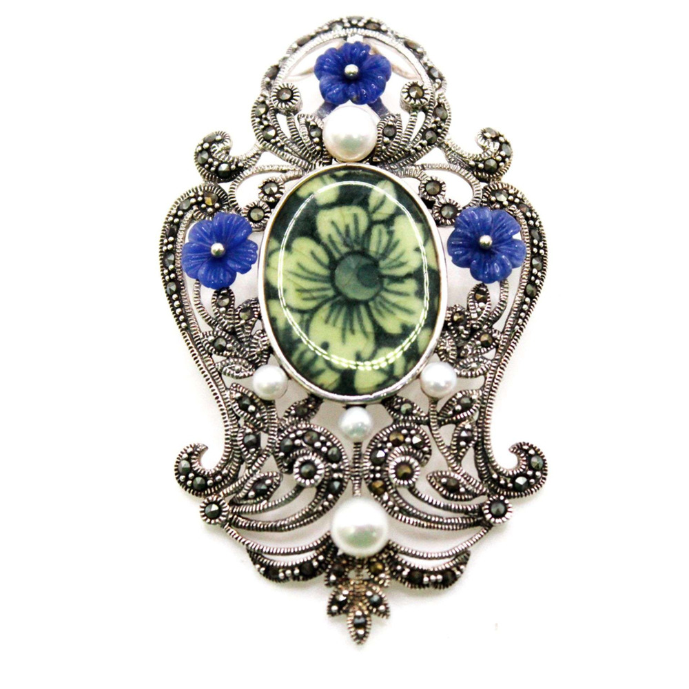 Victorian Ceramic Sterling Silver Brooch Pendant Natural Pearls Marcasite EUC